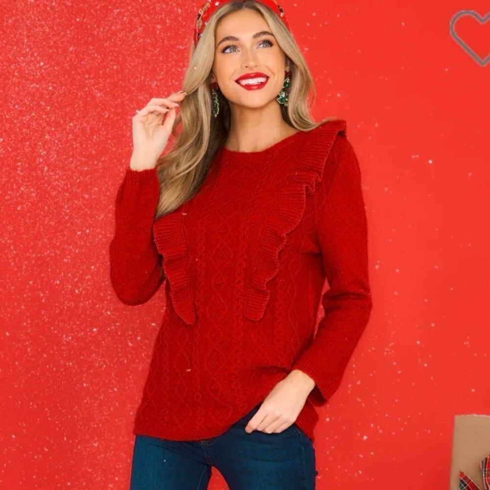 Red Dress Boutique Fire Away Ruby Red Sweater Ruffle Front Metallic Trim M